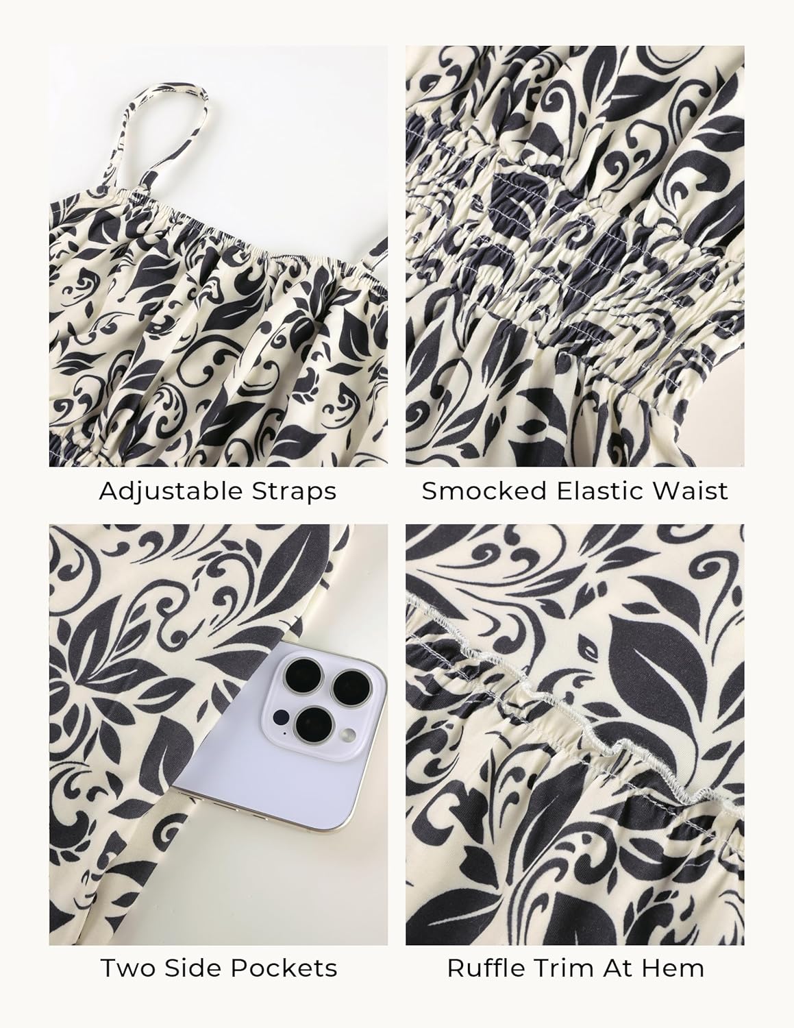 Summer Dresses for Women 2026 Vacation,Smocked Floral Maxi Dress,Boho Beach Sundress with Pocket Fashion Clothing - Beige Black - Image 5
