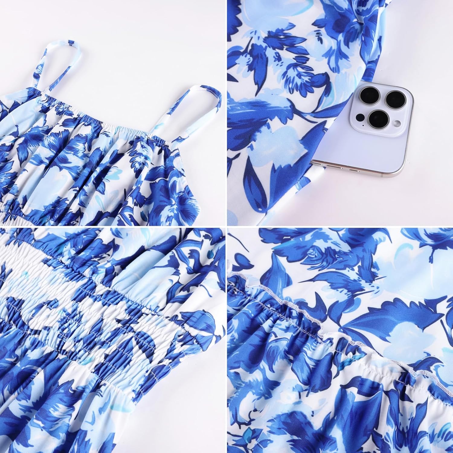 Summer Dresses for Women 2026 Vacation,Smocked Floral Maxi Dress,Boho Beach Sundress with Pocket Fashion Clothing - Blue - Image 5