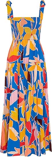 Women's Summer Casual Maxi Dress Spaghetti Strap Square Neck Boho Beach Long Sun Dresses - Blue Floral
