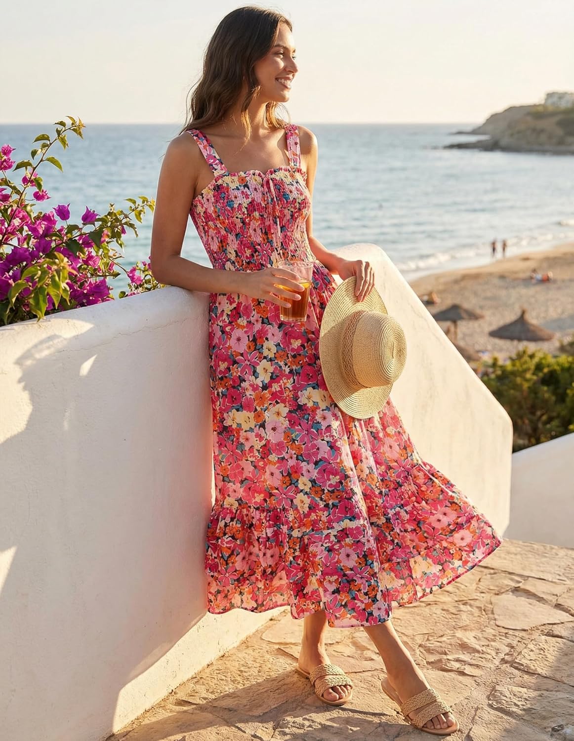 Women's 2026 Summer Floral Boho Dress Square Neck Strapped Swing A Line Sundress Beach Long Maxi Outfits - Pink Orange - Image 3