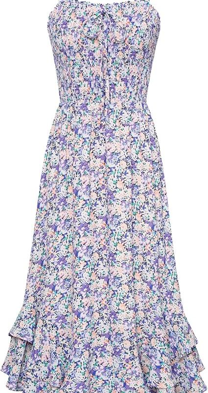 Women's 2026 Summer Floral Boho Dress Square Neck Strapped Swing A Line Sundress Beach Long Maxi Outfits - Purple Floral