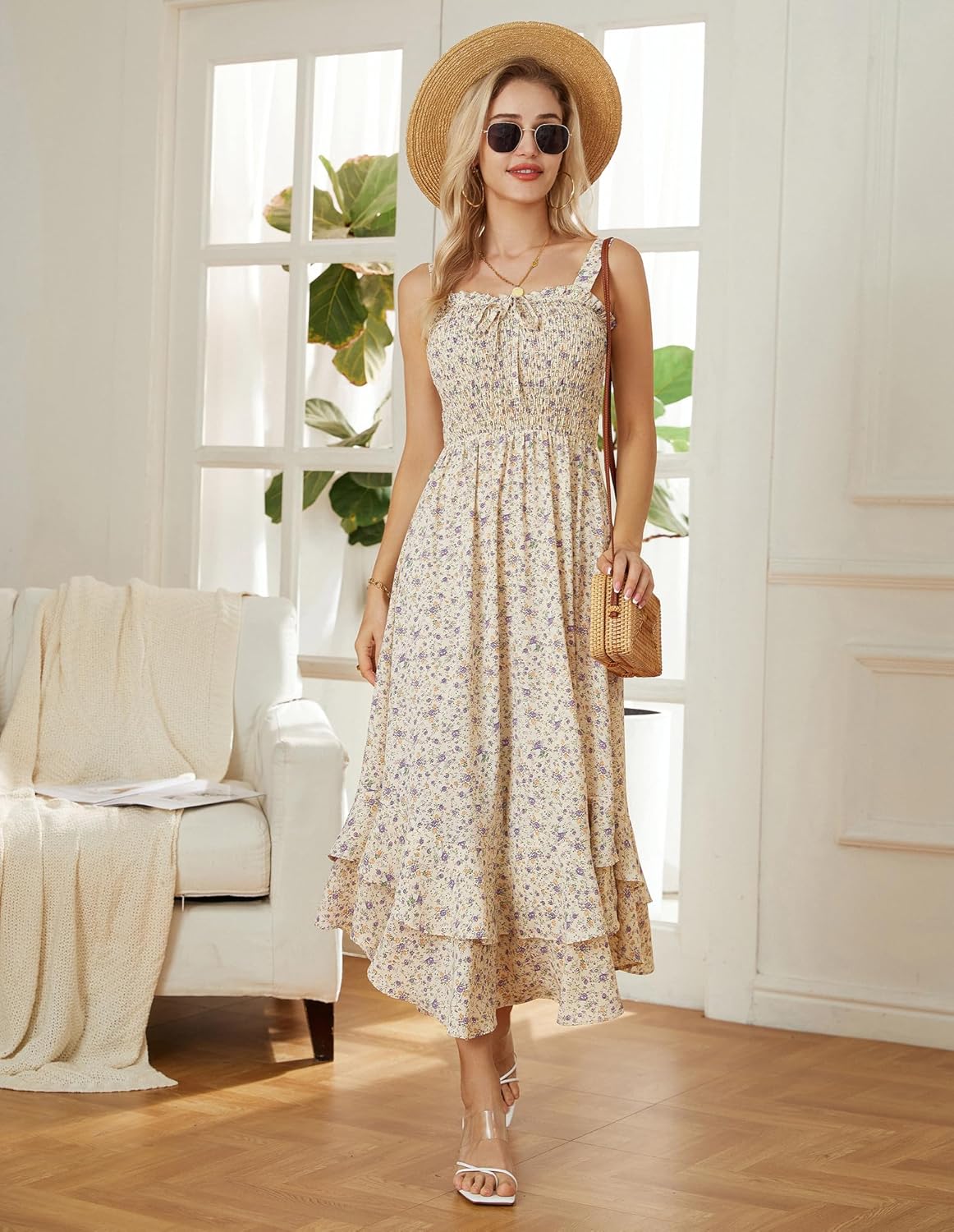 Women's 2026 Summer Floral Boho Dress Square Neck Strapped Swing A Line Sundress Beach Long Maxi Outfits - Light Yellow - Image 3