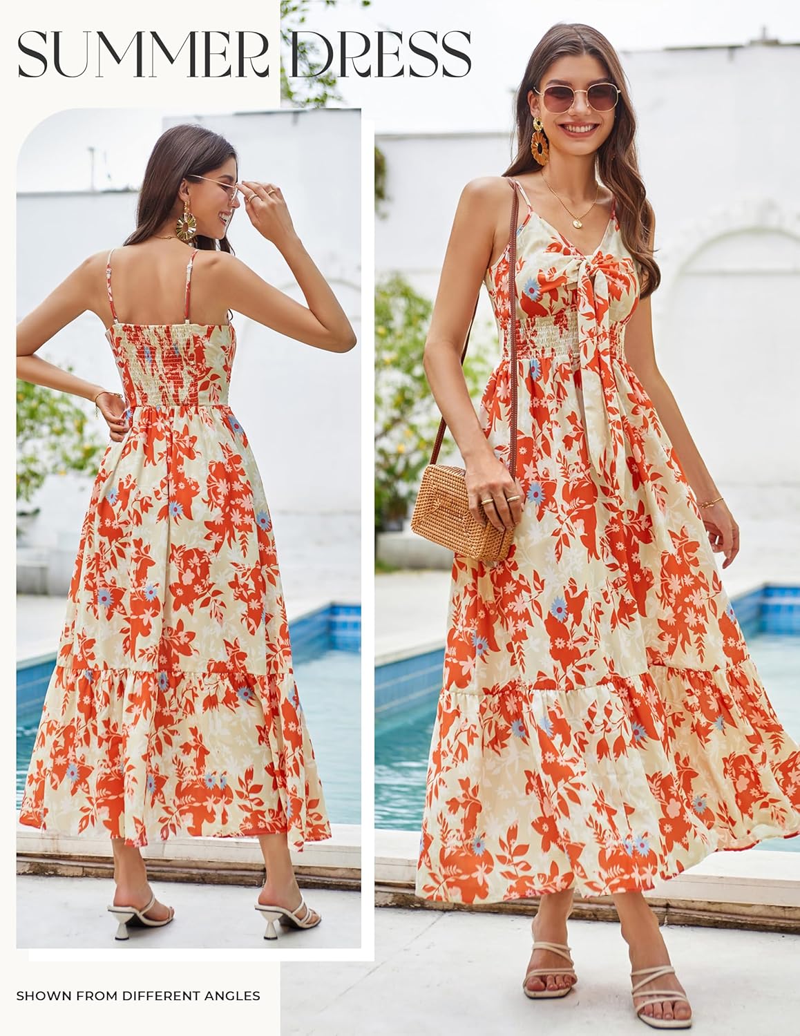 Womens Summer Floral Maxi Dresses 2026 Long Flowy Boho Dress Beach Vacation Sundresses Casual Clothes with Pocket - Orange Floral - Image 4
