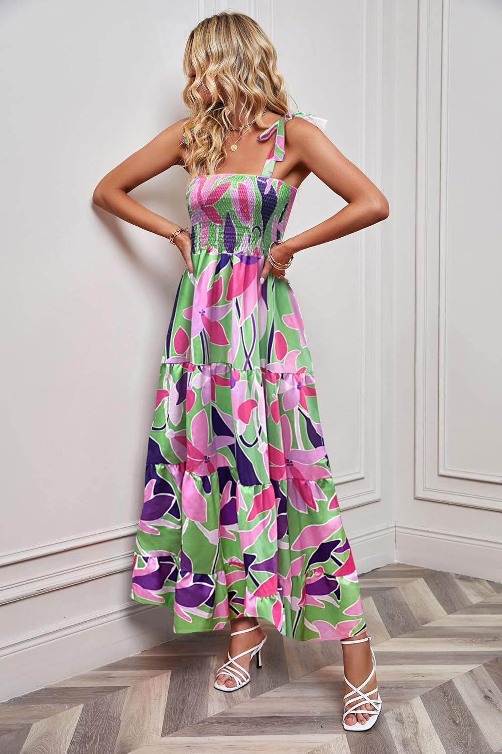 Women's Summer Casual Maxi Dress Spaghetti Strap Square Neck Boho Beach Long Sun Dresses - Purple Floral - Image 5