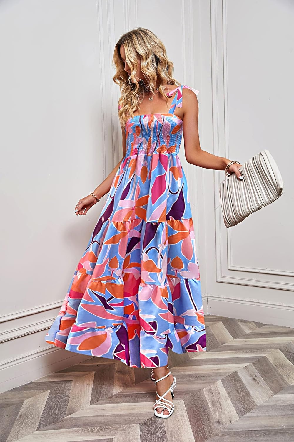 Women's Summer Casual Maxi Dress Spaghetti Strap Square Neck Boho Beach Long Sun Dresses - Red Floral - Image 4