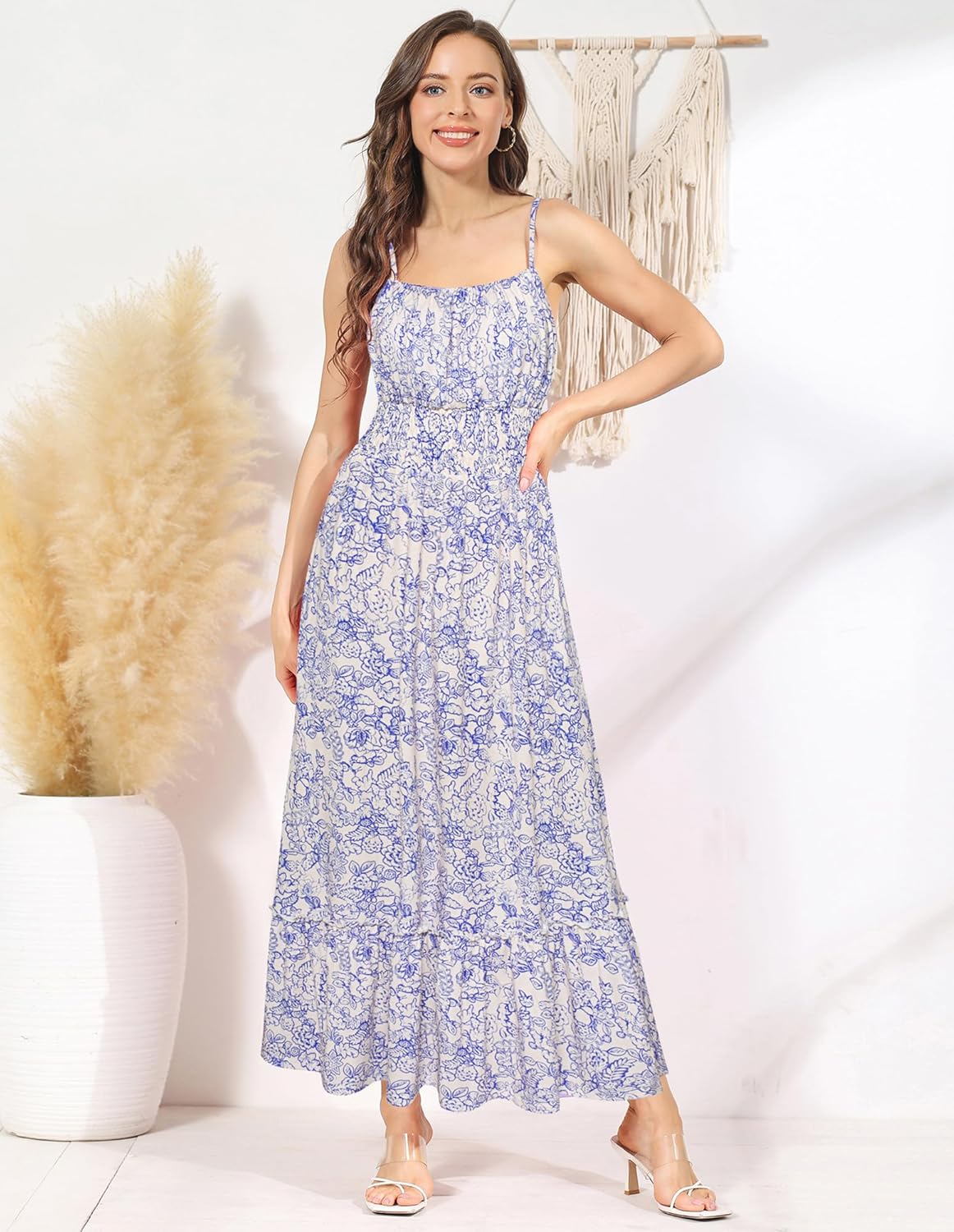 Summer Dresses for Women 2026 Vacation,Smocked Floral Maxi Dress,Boho Beach Sundress with Pocket Fashion Clothing - Blue White Floral - Image 4