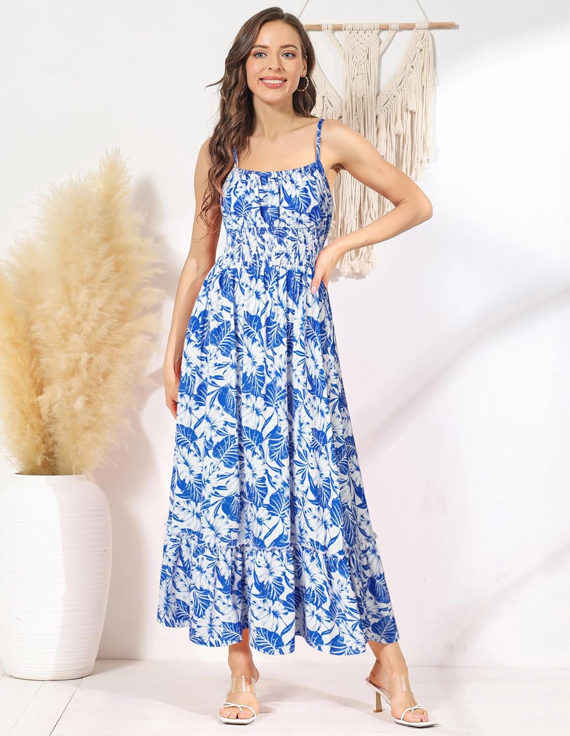 Summer Dresses for Women 2026 Vacation,Smocked Floral Maxi Dress,Boho Beach Sundress with Pocket Fashion Clothing - Blue Leaves - Image 4