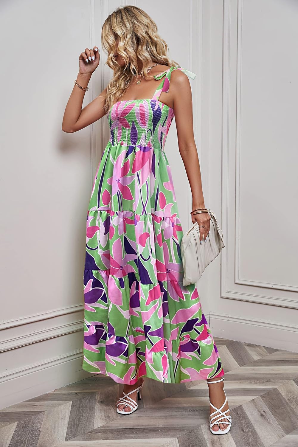 Women's Summer Casual Maxi Dress Spaghetti Strap Square Neck Boho Beach Long Sun Dresses - Purple Floral - Image 2