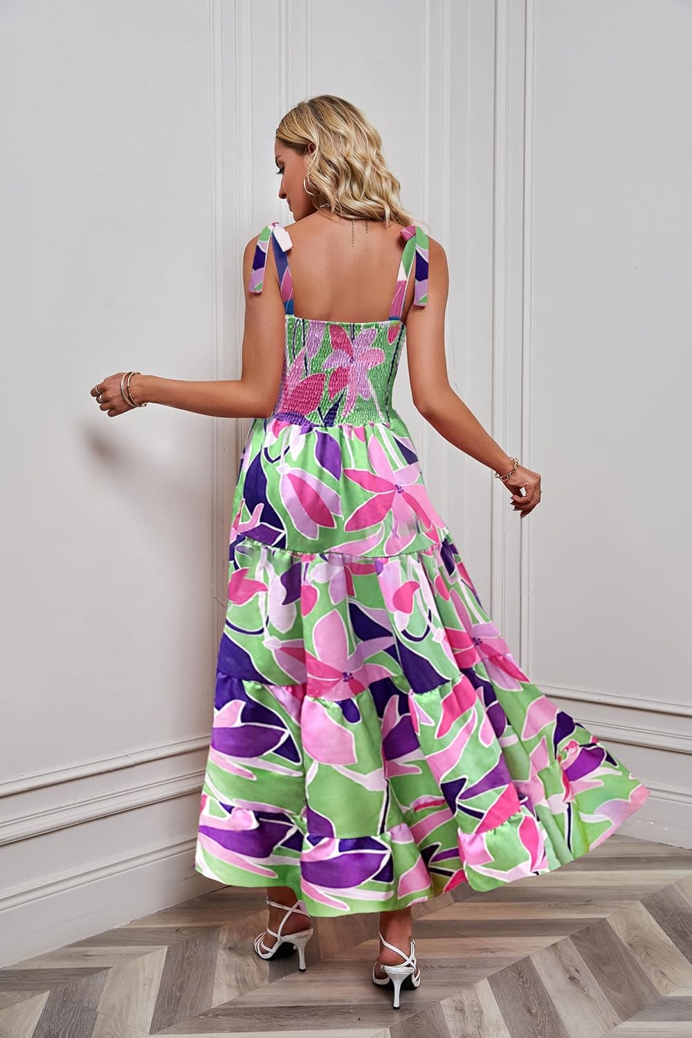 Women's Summer Casual Maxi Dress Spaghetti Strap Square Neck Boho Beach Long Sun Dresses - Purple Floral - Image 4