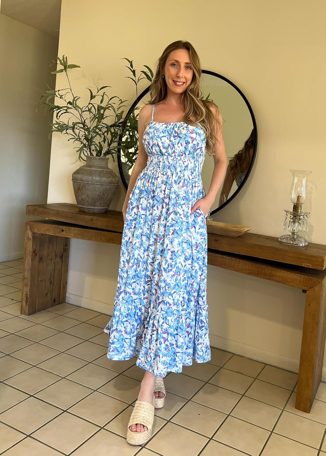 Summer Dresses for Women 2026 Vacation,Smocked Floral Maxi Dress,Boho Beach Sundress with Pocket Fashion Clothing - Blue Floral Bright - Image 4