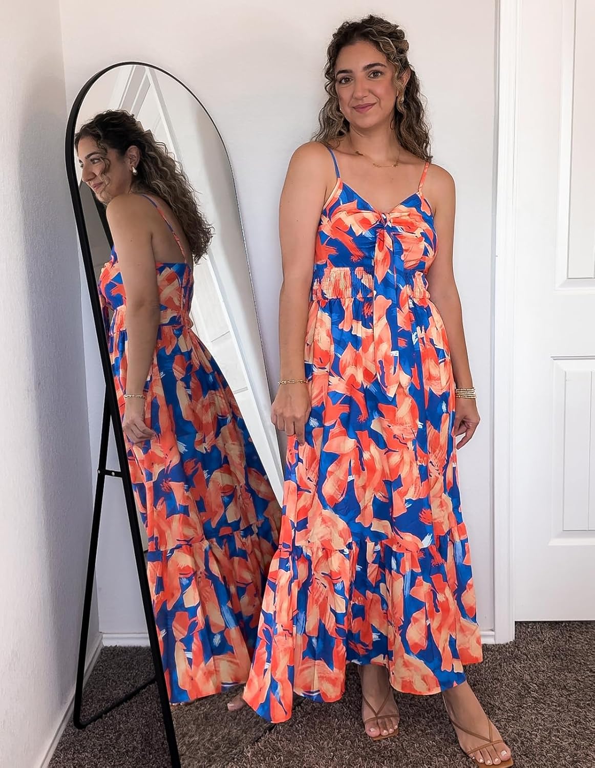 Womens Summer Floral Maxi Dresses 2026 Long Flowy Boho Dress Beach Vacation Sundresses Casual Clothes with Pocket - Orange Blue Floral - Image 5