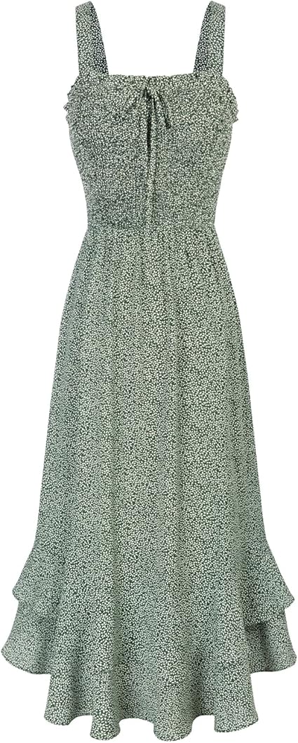 Women's 2026 Summer Floral Boho Dress Square Neck Strapped Swing A Line Sundress Beach Long Maxi Outfits - Green