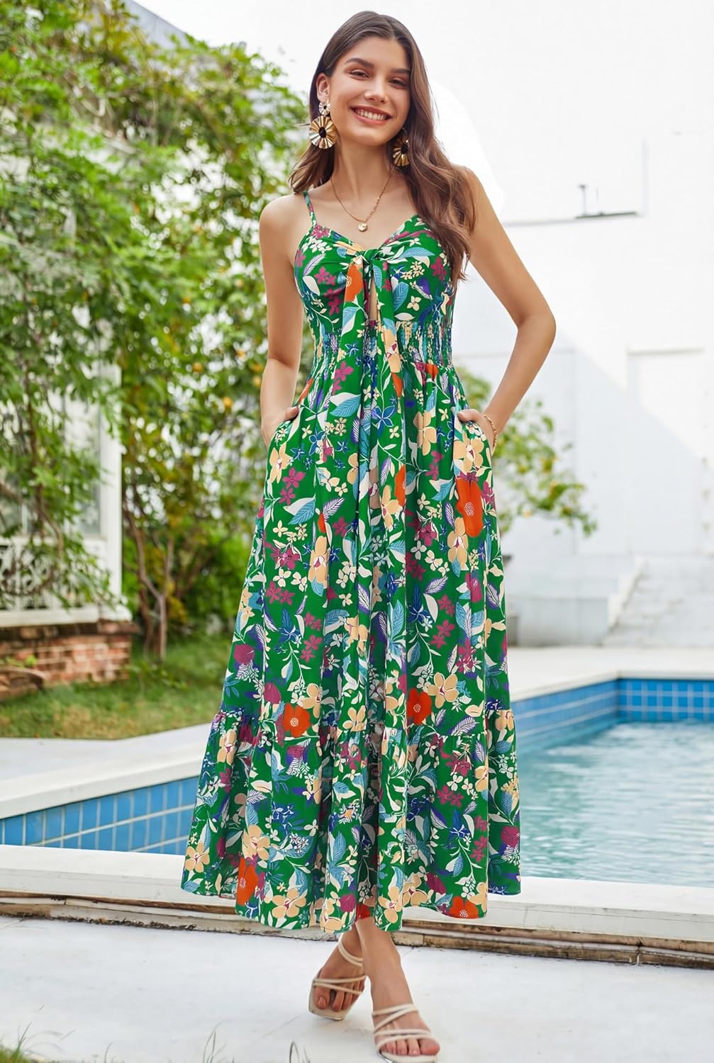 Womens Summer Floral Maxi Dresses 2026 Long Flowy Boho Dress Beach Vacation Sundresses Casual Clothes with Pocket - Green Red Flower - Image 2