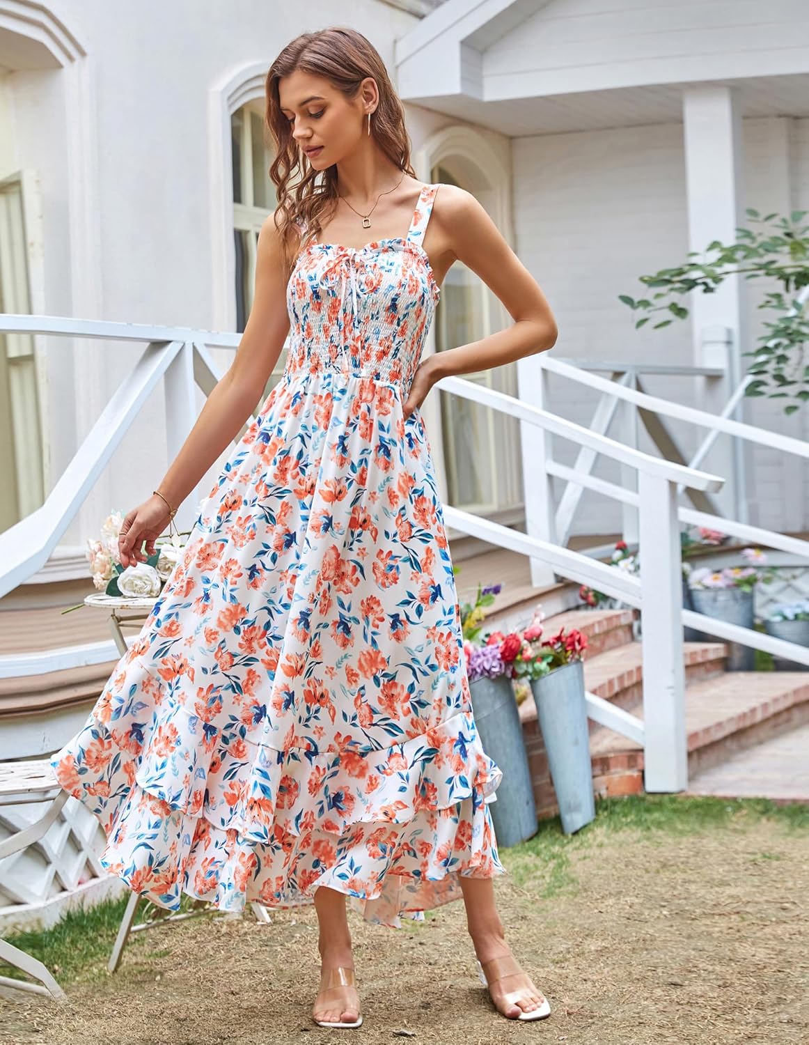 Women's 2026 Summer Floral Boho Dress Square Neck Strapped Swing A Line Sundress Beach Long Maxi Outfits - Orange Floral - Image 3