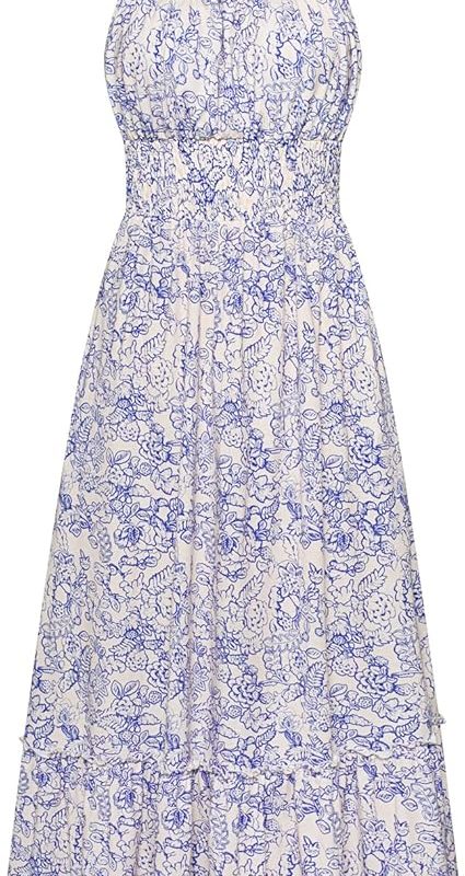Summer Dresses for Women 2026 Vacation,Smocked Floral Maxi Dress,Boho Beach Sundress with Pocket Fashion Clothing - Blue White Floral