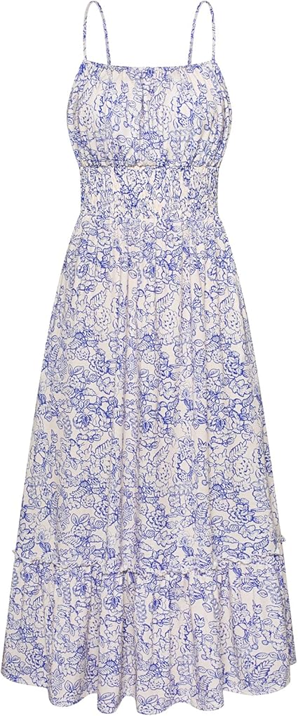 Summer Dresses for Women 2026 Vacation,Smocked Floral Maxi Dress,Boho Beach Sundress with Pocket Fashion Clothing - Blue White Floral