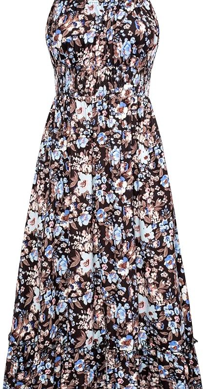 Summer Dresses for Women 2026 Vacation,Smocked Floral Maxi Dress,Boho Beach Sundress with Pocket Fashion Clothing - Black Floral