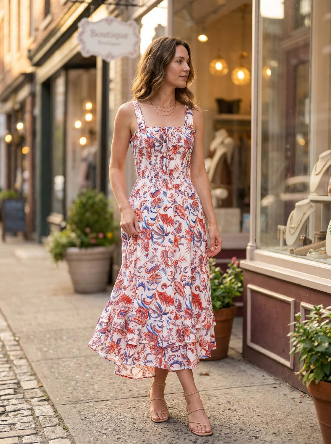 Women's 2026 Summer Floral Boho Dress Square Neck Strapped Swing A Line Sundress Beach Long Maxi Outfits - Orange Blue - Image 3