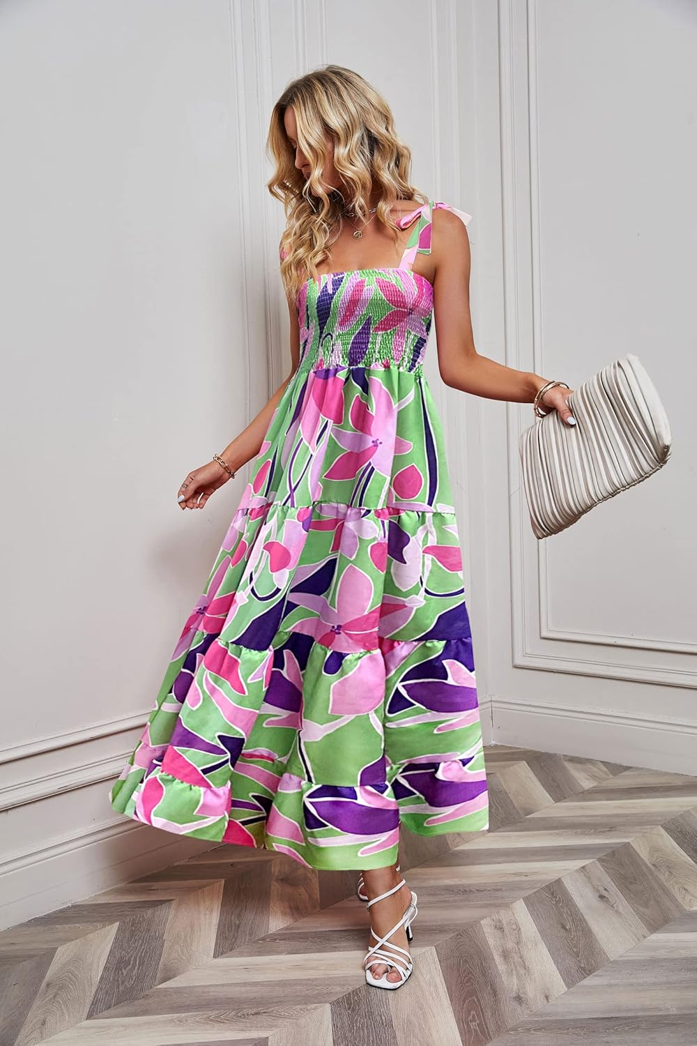 Women's Summer Casual Maxi Dress Spaghetti Strap Square Neck Boho Beach Long Sun Dresses - Purple Floral - Image 3