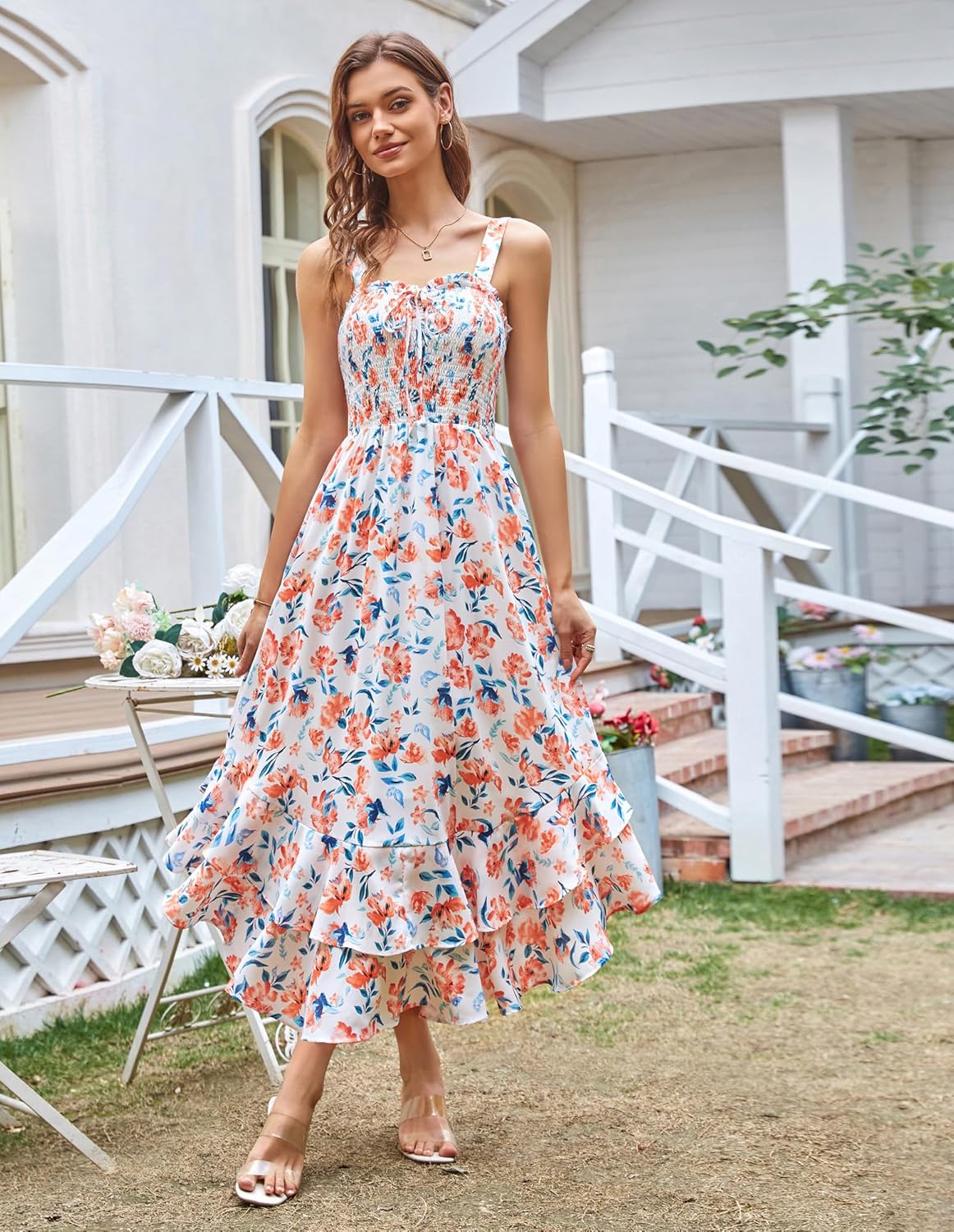 Women's 2026 Summer Floral Boho Dress Square Neck Strapped Swing A Line Sundress Beach Long Maxi Outfits - Orange Floral - Image 2