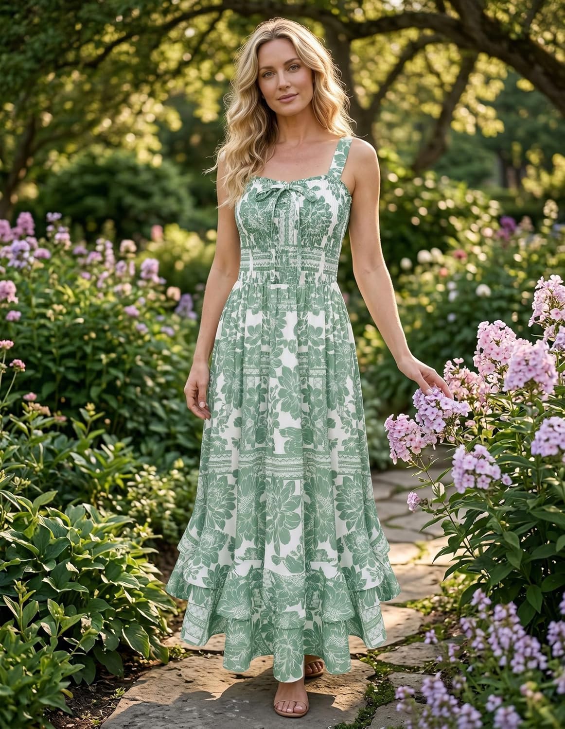 Women's 2026 Summer Floral Boho Dress Square Neck Strapped Swing A Line Sundress Beach Long Maxi Outfits - White Green - Image 3