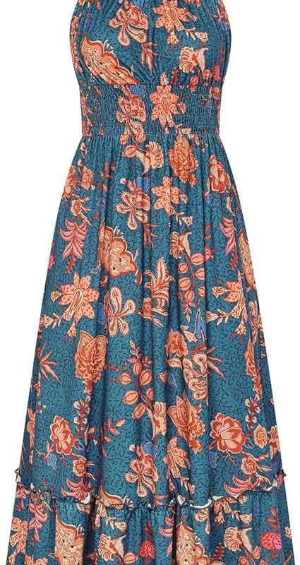 Summer Dresses for Women 2026 Vacation,Smocked Floral Maxi Dress,Boho Beach Sundress with Pocket Fashion Clothing - Dark Blue Green