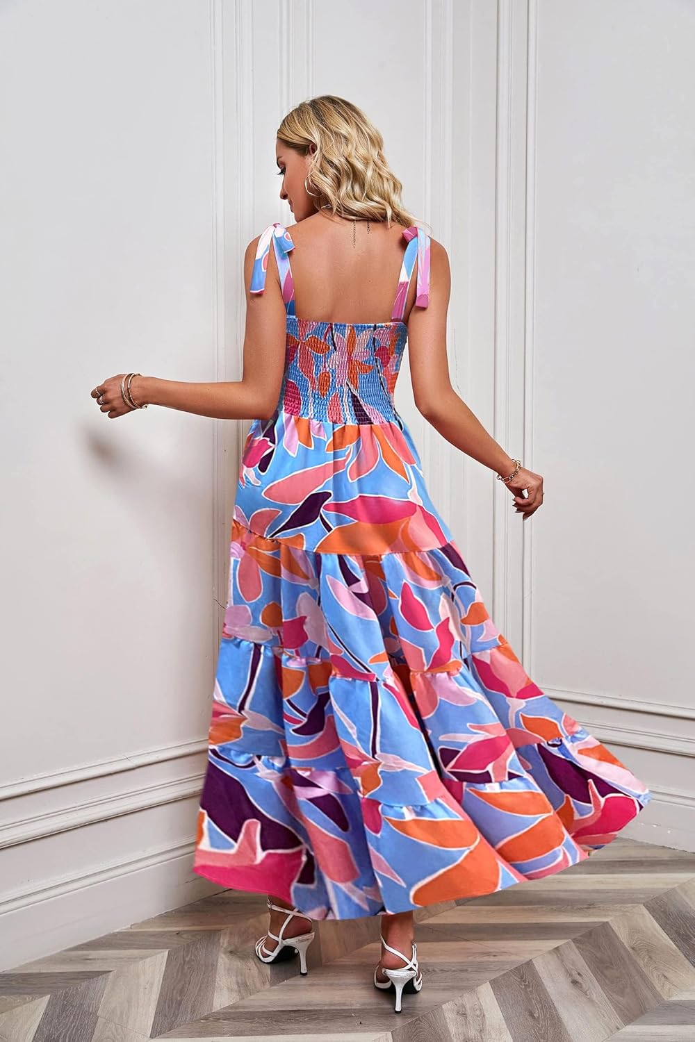 Women's Summer Casual Maxi Dress Spaghetti Strap Square Neck Boho Beach Long Sun Dresses - Red Floral - Image 5