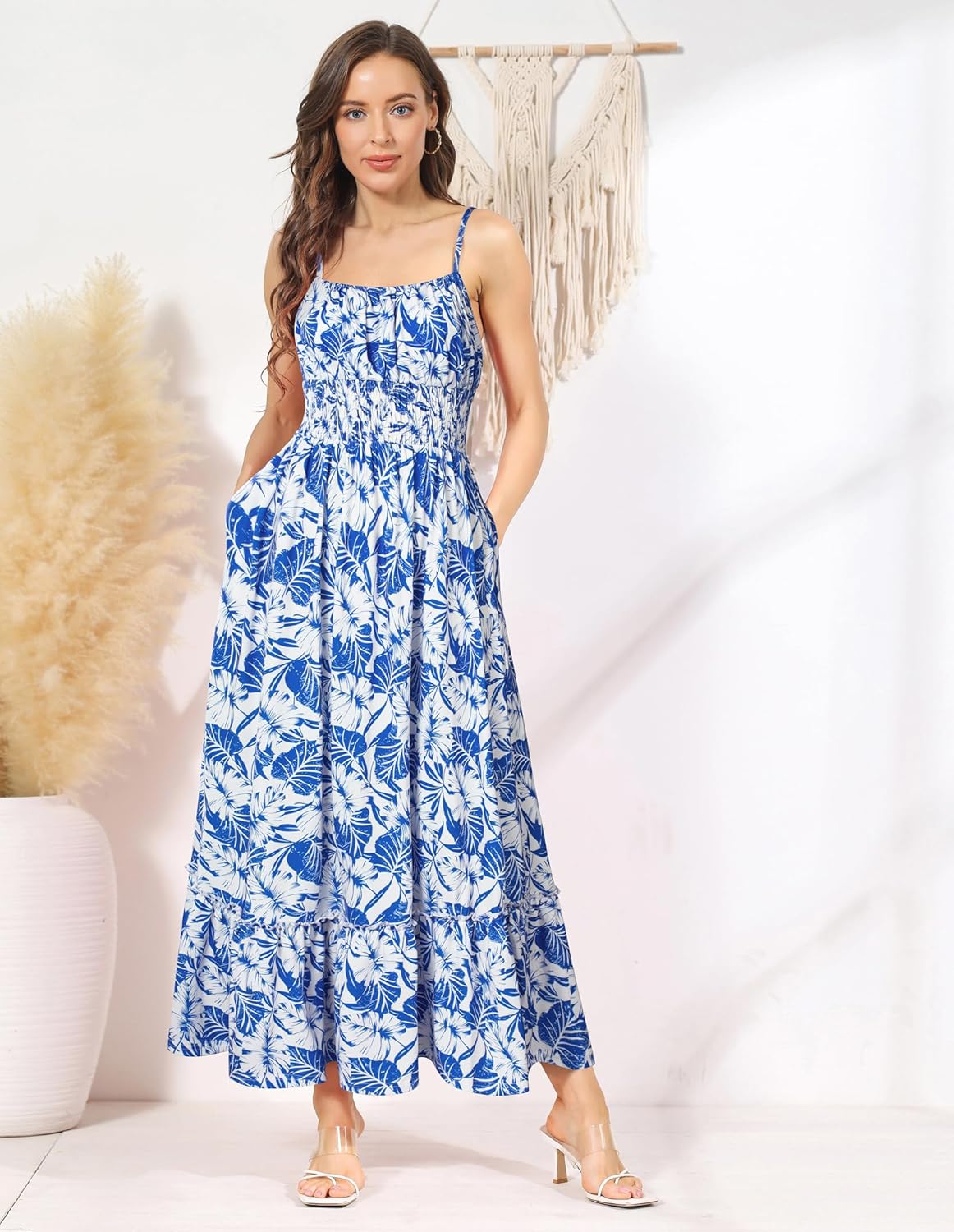 Summer Dresses for Women 2026 Vacation,Smocked Floral Maxi Dress,Boho Beach Sundress with Pocket Fashion Clothing - Blue Leaves - Image 2