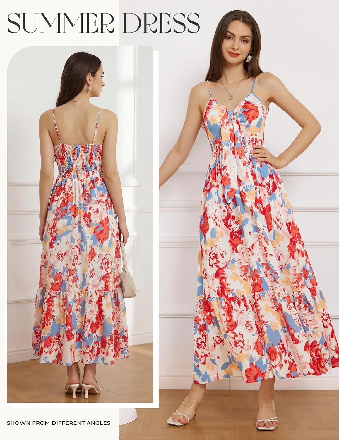 Womens Summer Floral Maxi Dresses 2026 Long Flowy Boho Dress Beach Vacation Sundresses Casual Clothes with Pocket - Blue Red Floral - Image 4