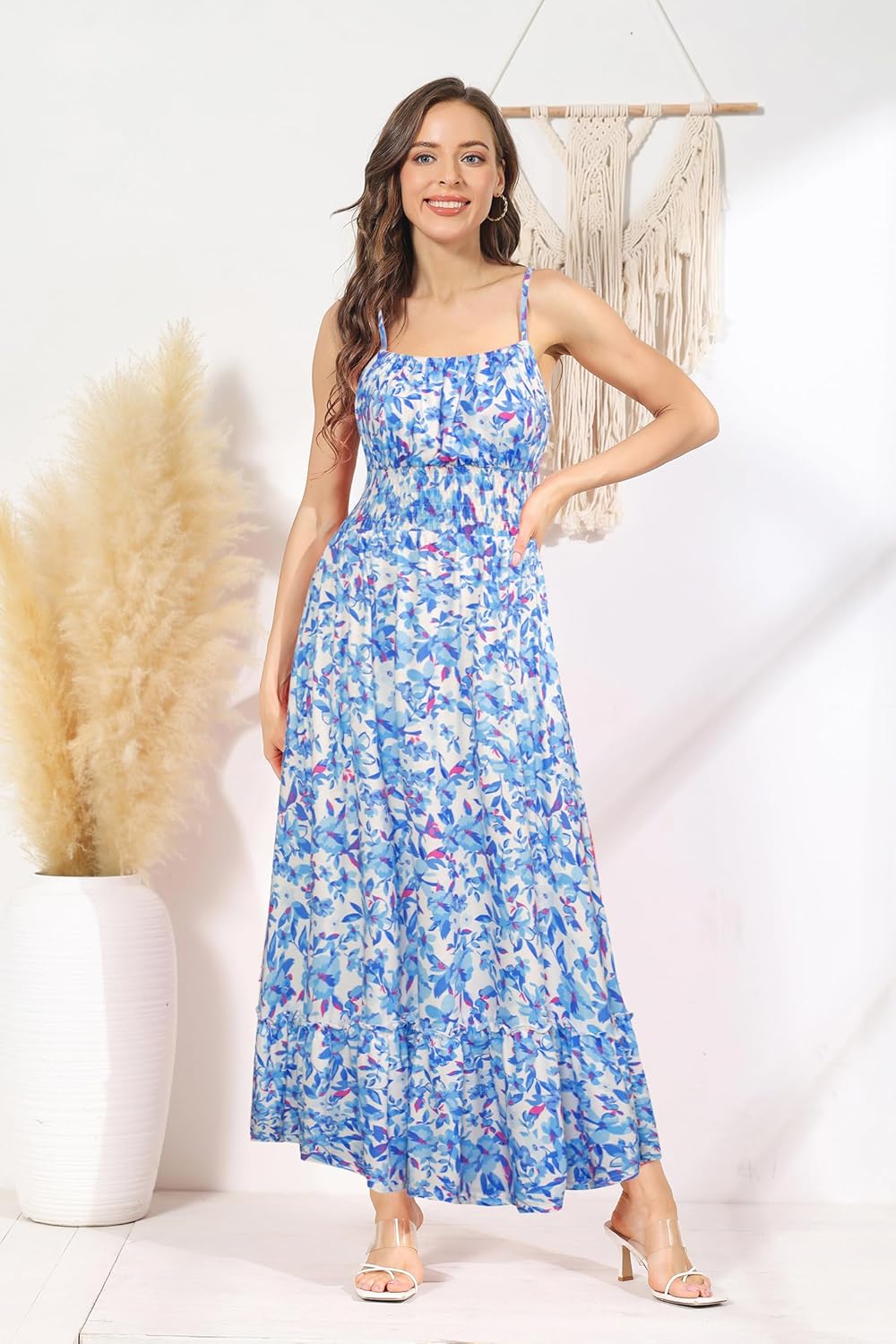 Summer Dresses for Women 2026 Vacation,Smocked Floral Maxi Dress,Boho Beach Sundress with Pocket Fashion Clothing - Blue Floral Bright - Image 3