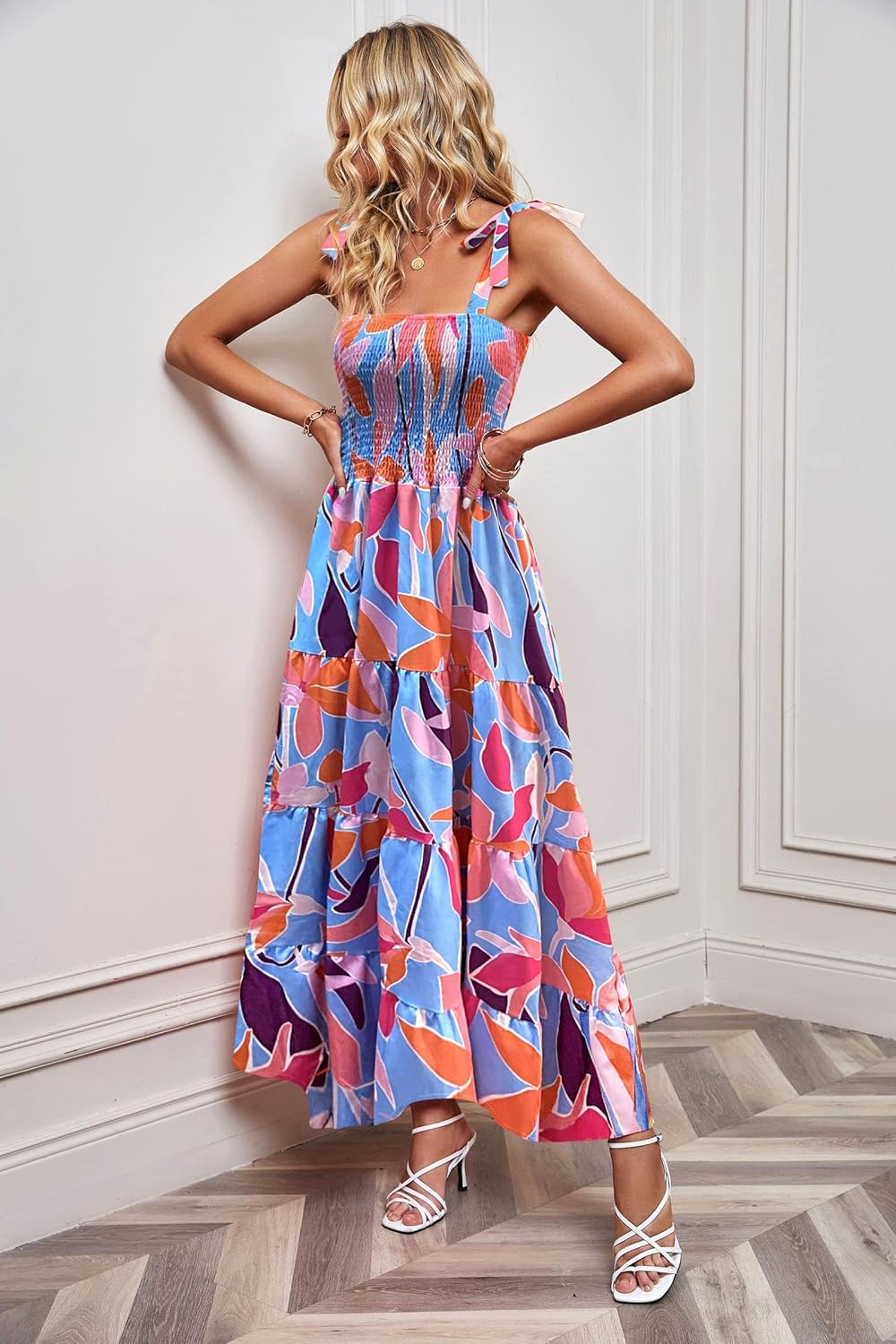 Women's Summer Casual Maxi Dress Spaghetti Strap Square Neck Boho Beach Long Sun Dresses - Red Floral - Image 2
