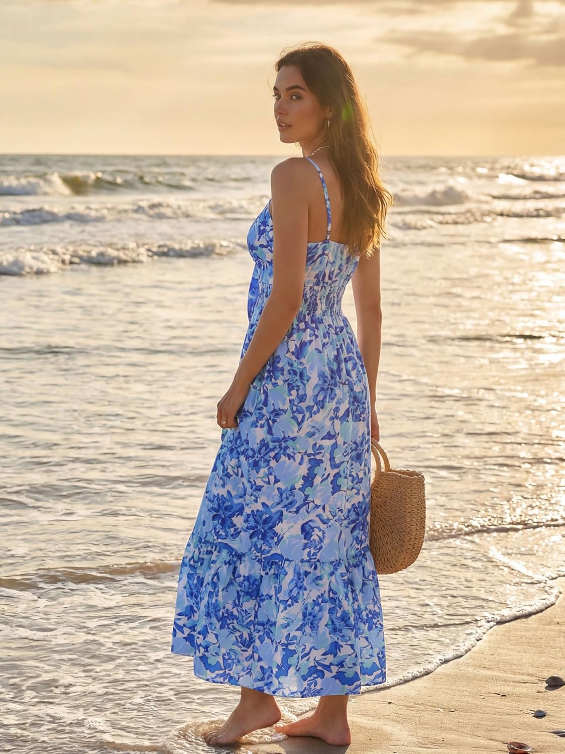 Womens Summer Floral Maxi Dresses 2026 Long Flowy Boho Dress Beach Vacation Sundresses Casual Clothes with Pocket - Blue Flower Vine - Image 4