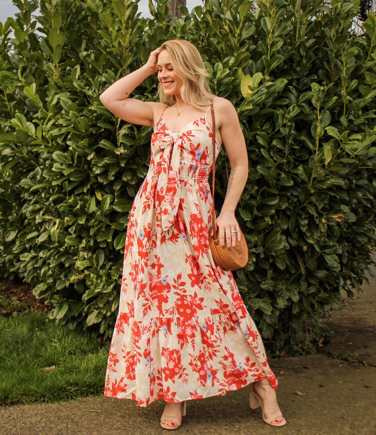 Womens Summer Floral Maxi Dresses 2026 Long Flowy Boho Dress Beach Vacation Sundresses Casual Clothes with Pocket - Orange Floral - Image 2