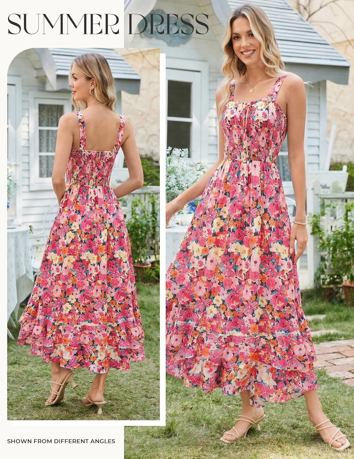 Women's 2026 Summer Floral Boho Dress Square Neck Strapped Swing A Line Sundress Beach Long Maxi Outfits - Pink Orange - Image 2