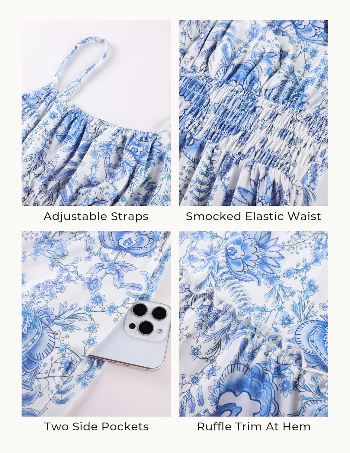Summer Dresses for Women 2026 Vacation,Smocked Floral Maxi Dress,Boho Beach Sundress with Pocket Fashion Clothing - Blue White - Image 5