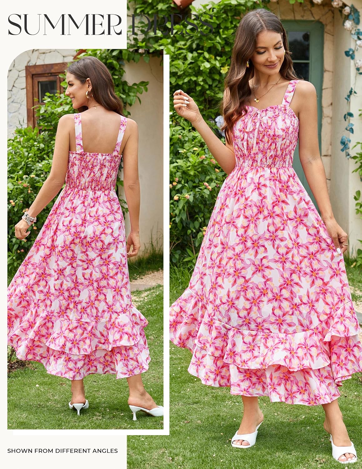 Women's 2026 Summer Floral Boho Dress Square Neck Strapped Swing A Line Sundress Beach Long Maxi Outfits - Pink Yellow Floral - Image 2