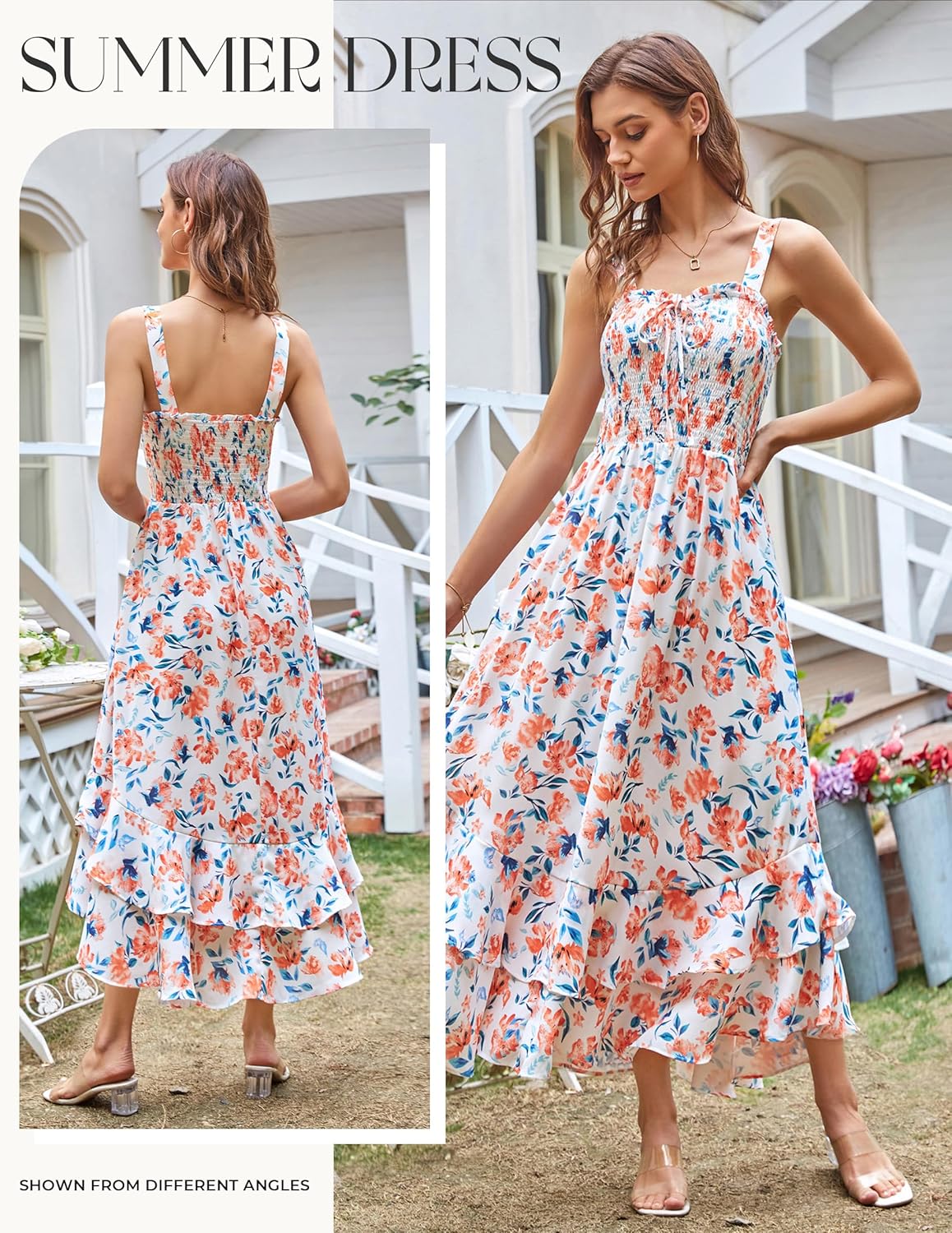 Women's 2026 Summer Floral Boho Dress Square Neck Strapped Swing A Line Sundress Beach Long Maxi Outfits - Orange Floral - Image 4