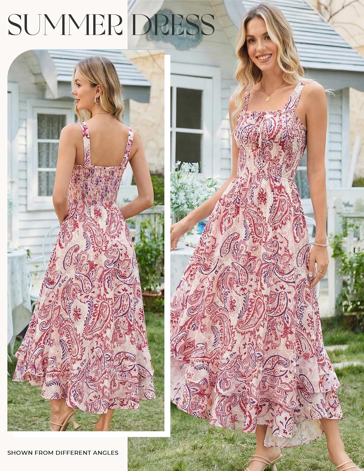 Women's 2026 Summer Floral Boho Dress Square Neck Strapped Swing A Line Sundress Beach Long Maxi Outfits - Pink Flower - Image 2