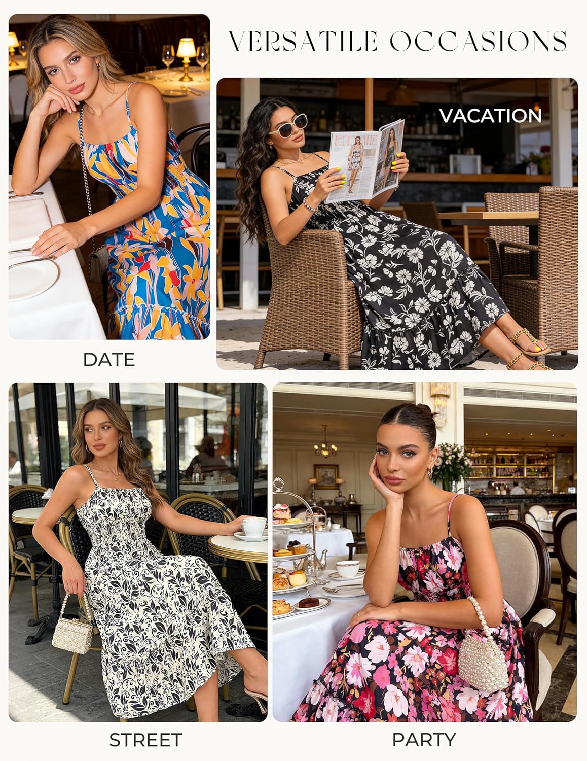 Summer Dresses for Women 2026 Vacation,Smocked Floral Maxi Dress,Boho Beach Sundress with Pocket Fashion Clothing - Beige Black - Image 4