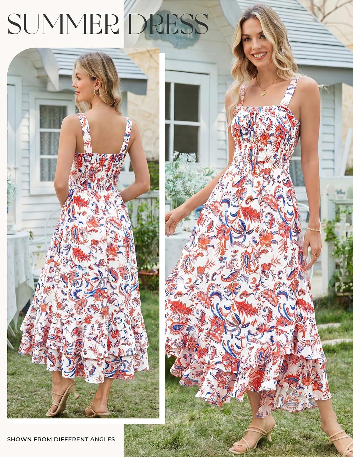 Women's 2026 Summer Floral Boho Dress Square Neck Strapped Swing A Line Sundress Beach Long Maxi Outfits - Orange Blue - Image 2