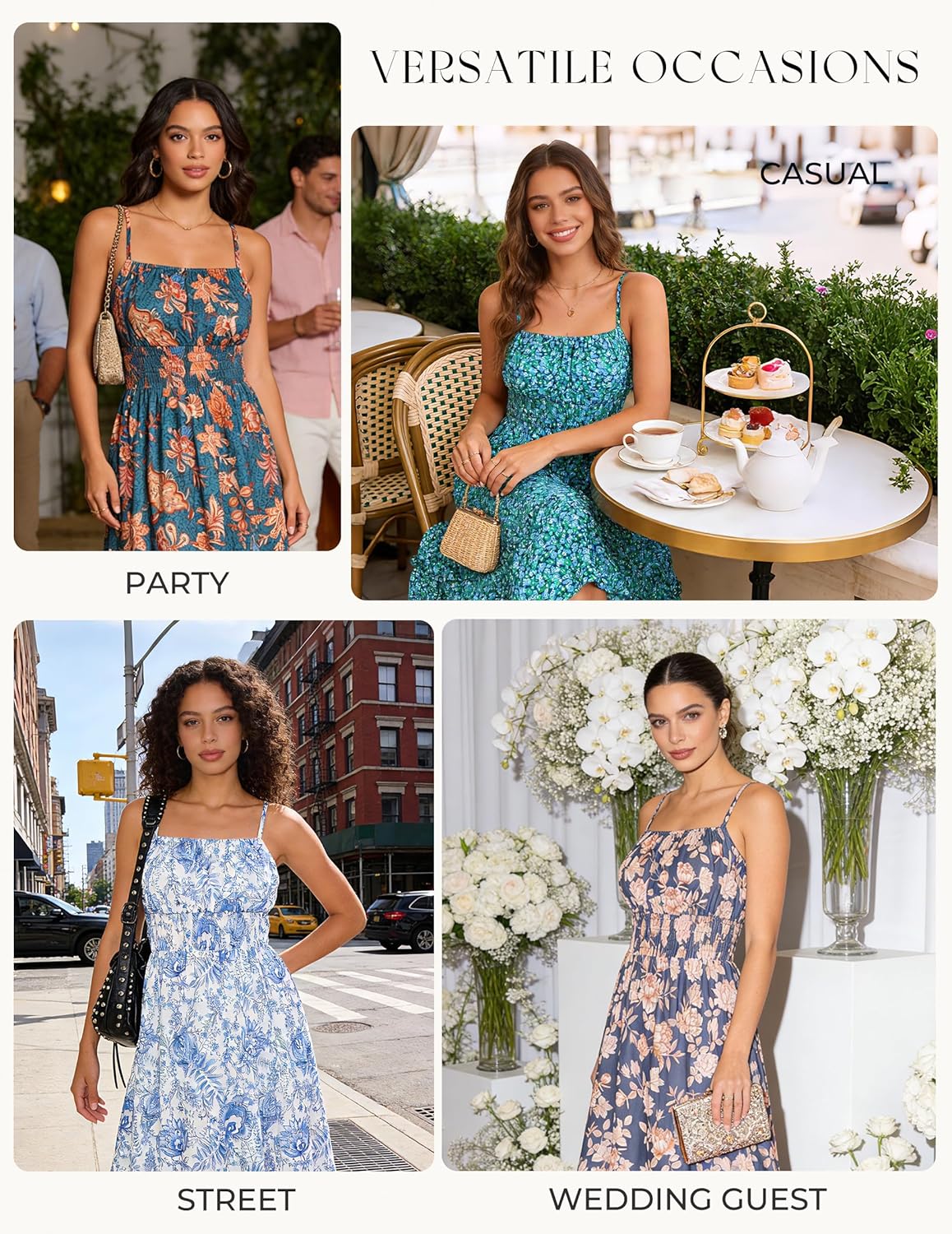 Summer Dresses for Women 2026 Vacation,Smocked Floral Maxi Dress,Boho Beach Sundress with Pocket Fashion Clothing - Blue White - Image 4