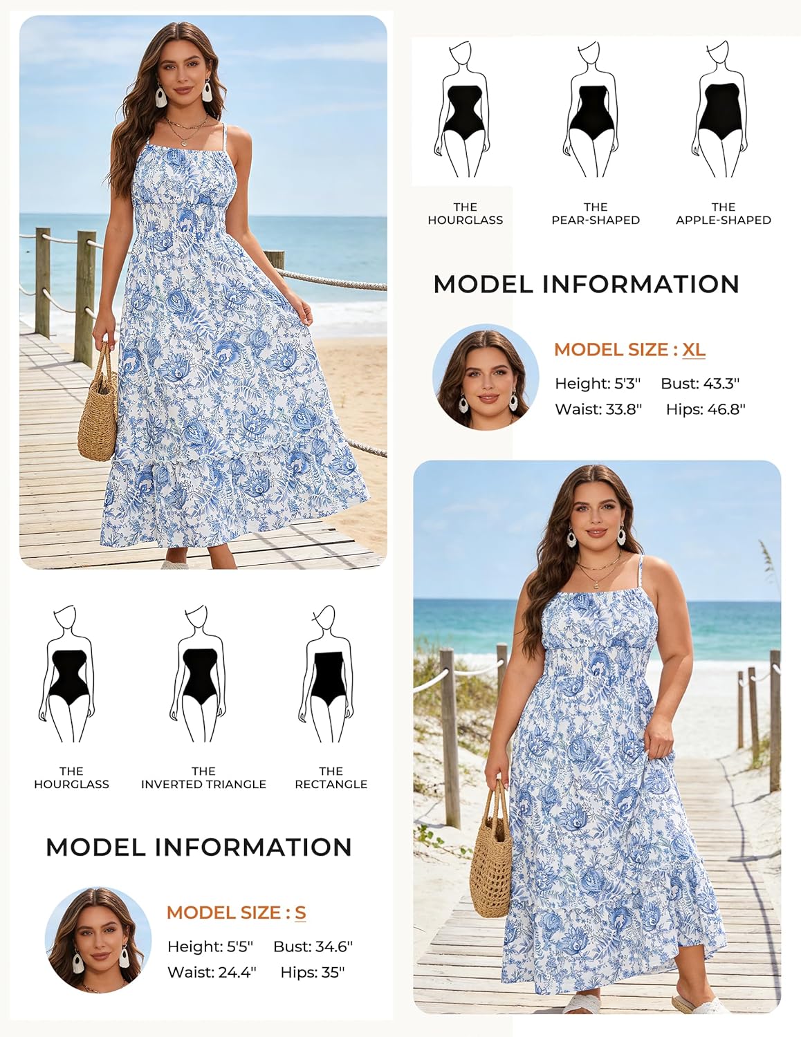 Summer Dresses for Women 2026 Vacation,Smocked Floral Maxi Dress,Boho Beach Sundress with Pocket Fashion Clothing - Blue White - Image 6