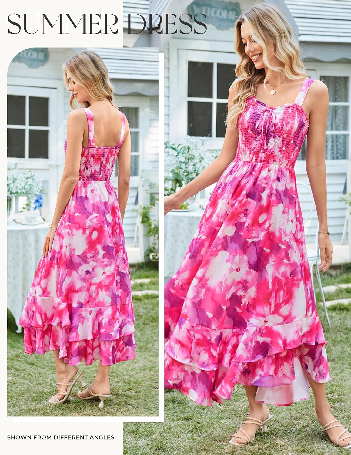 Women's 2026 Summer Floral Boho Dress Square Neck Strapped Swing A Line Sundress Beach Long Maxi Outfits - Rose Purple - Image 2