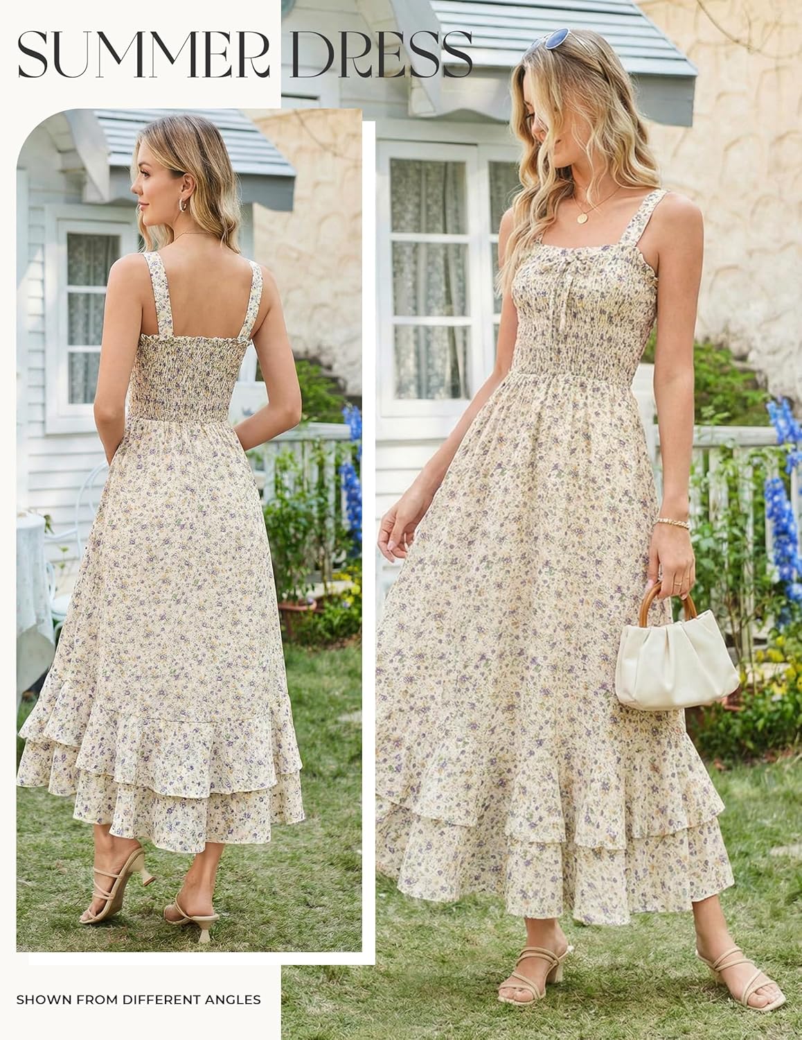 Women's 2026 Summer Floral Boho Dress Square Neck Strapped Swing A Line Sundress Beach Long Maxi Outfits - Light Yellow - Image 2