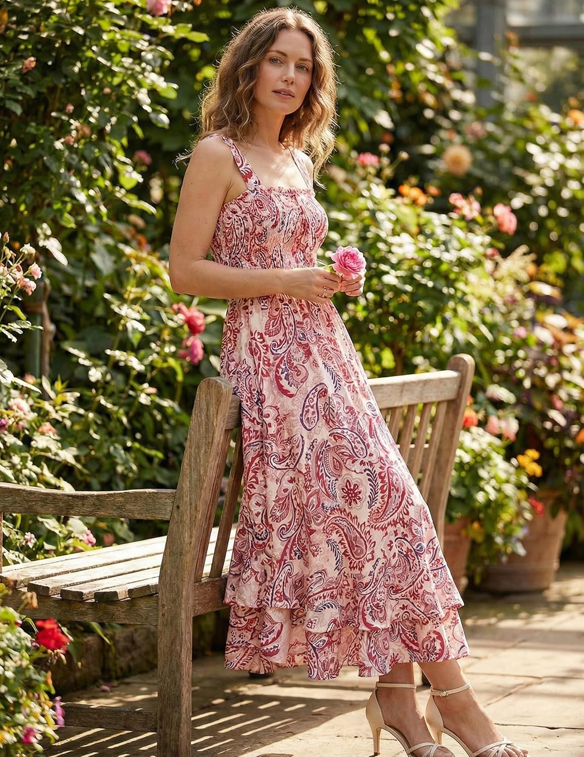Women's 2026 Summer Floral Boho Dress Square Neck Strapped Swing A Line Sundress Beach Long Maxi Outfits - Pink Flower - Image 3
