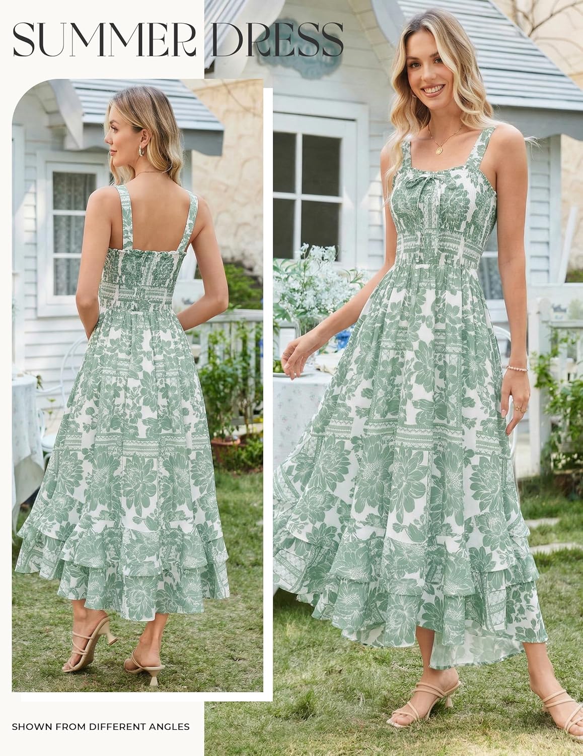Women's 2026 Summer Floral Boho Dress Square Neck Strapped Swing A Line Sundress Beach Long Maxi Outfits - White Green - Image 2