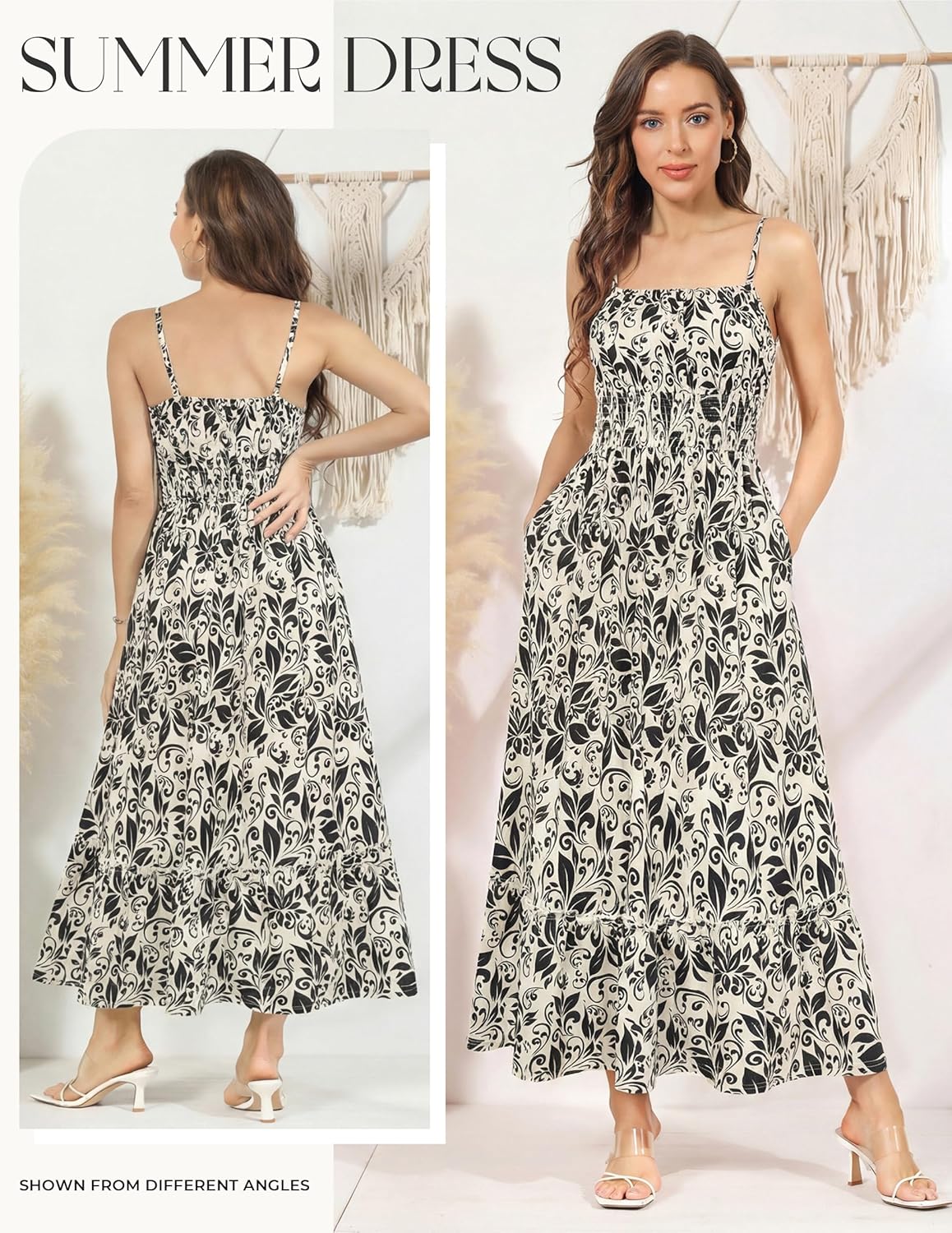 Summer Dresses for Women 2026 Vacation,Smocked Floral Maxi Dress,Boho Beach Sundress with Pocket Fashion Clothing - Beige Black - Image 3
