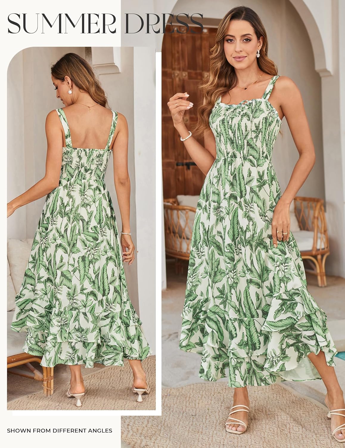 Women's 2026 Summer Floral Boho Dress Square Neck Strapped Swing A Line Sundress Beach Long Maxi Outfits - Green Leaf - Image 2