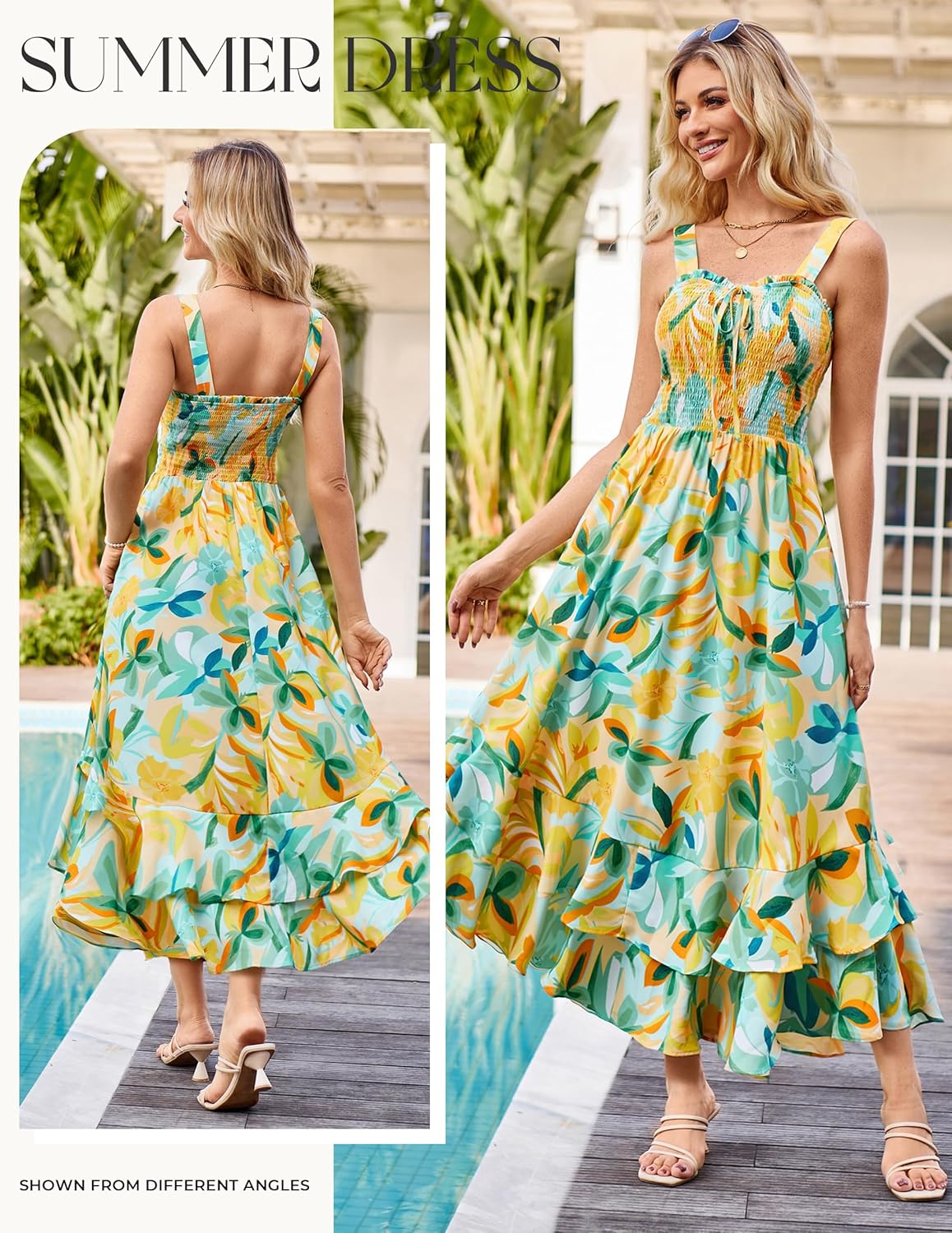Women's 2026 Summer Floral Boho Dress Square Neck Strapped Swing A Line Sundress Beach Long Maxi Outfits - Green Yellow - Image 2