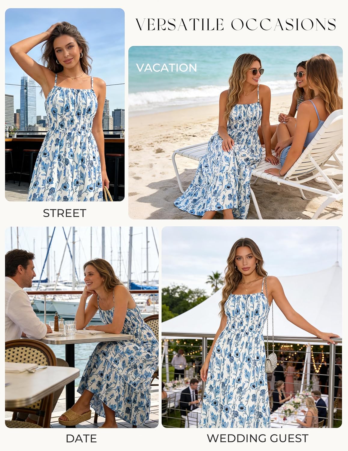 Summer Dresses for Women 2026 Vacation,Smocked Floral Maxi Dress,Boho Beach Sundress with Pocket Fashion Clothing - Blue Floral - Image 2